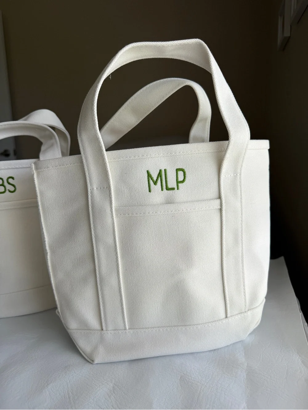 Personalized White Canvas Tote Organizer with Green Monogram